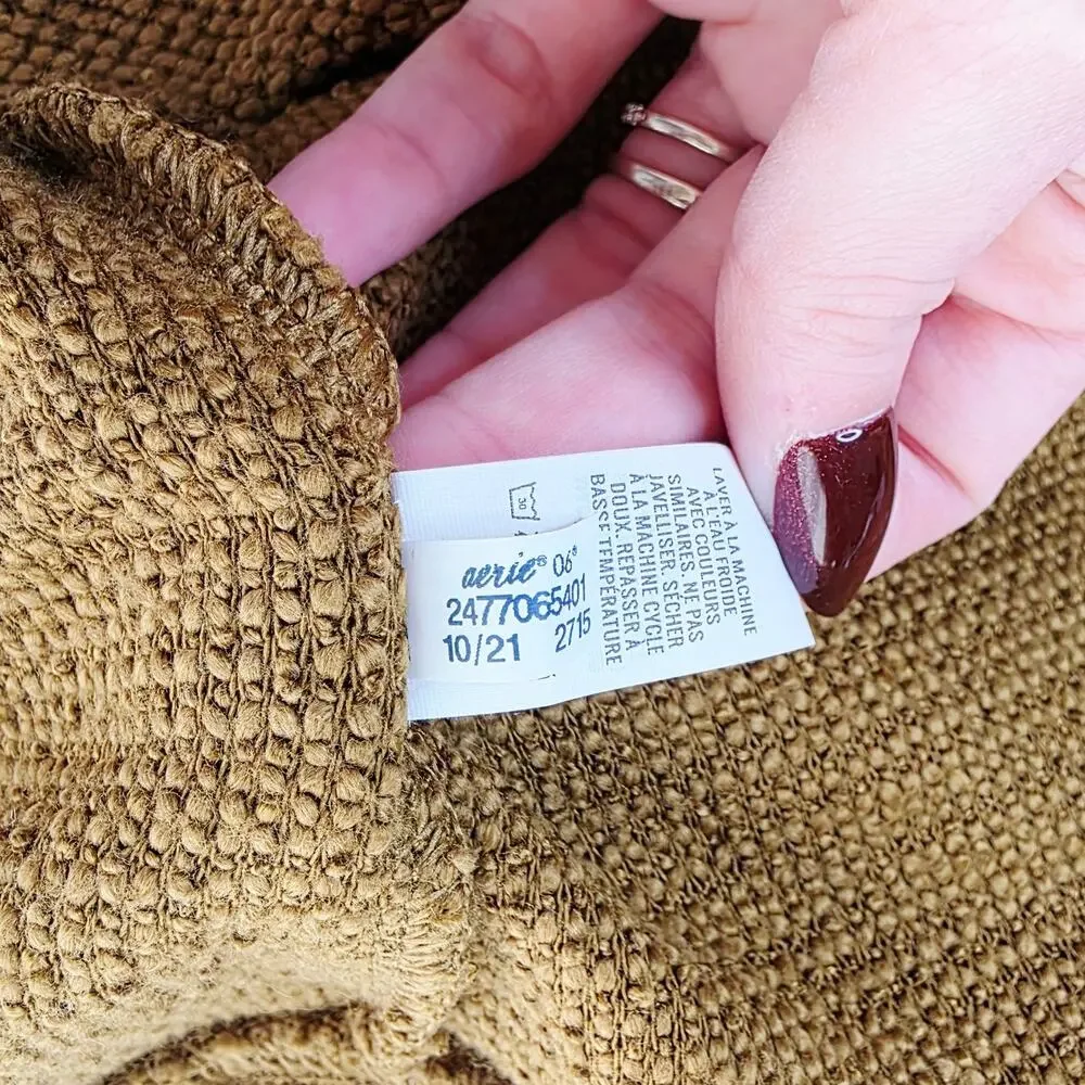 Aerie OFFLINE Hoodie Large Brown Textured Knit Thumbhole Pockets Cozy Athleisure